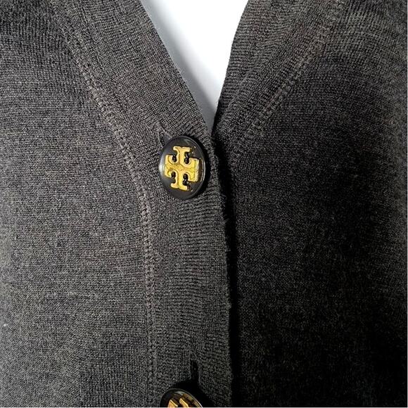 Tory Burch XS Gray Merino Wool Cardigan Logo Button Sweater Classic Luxury - Picture 2 of 9
